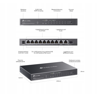 TP-LINK Przełącznik ES210GMP Omada 10 x Gb Easy Managed Switch 8-Port PoE+