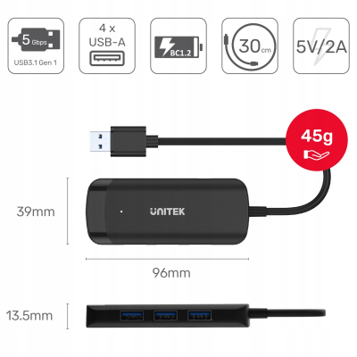 Unitek H1111D HUB USB-A 4xUSB3.0 5Gbps