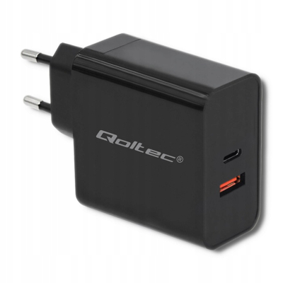 Qoltec Ładowarka sieciowa 63W 5-20V 1.5-3A USB typ C PD USB QC 3.0 Czarna