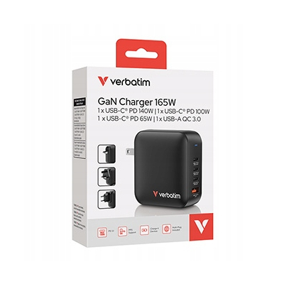 Verbatim Ładowarka GaN USB 3.0 USB C szara 165 W, wymienne końcówki C,G,A