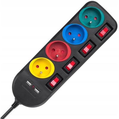 Listwa zasilająca Maclean, przedłużacz 4 gniazda + 2xUSB, z włącznikami, 250VAC/10A, 2.1A 5V, 1.5m, czarna, MCE229 B