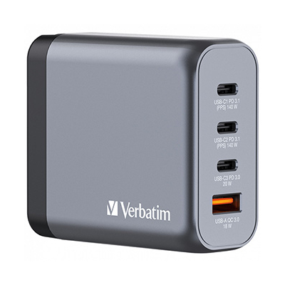 Verbatim Ładowarka GaN USB 3.0 USB C szara, 140 W, wymienne końcówki C,G,A