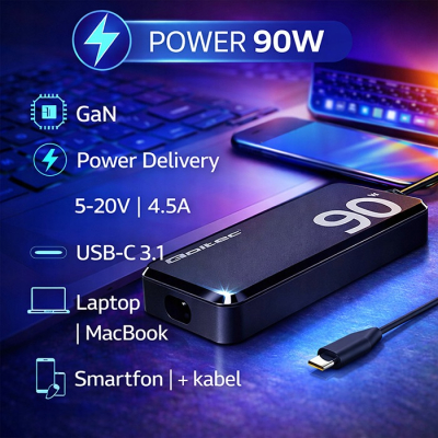 Qoltec Ładowarka sieciowa 90W GaN Super Fast SLIM PD 5-20V 4.5A USB-C 3.1