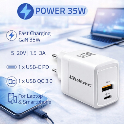 Qoltec Ładowarka sieciowa 35W GaN 5-20V 1.5-3A 1x USB-C PD 1 x USB QC 3.0