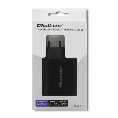 Qoltec Ładowarka sieciowa 63W 5-20V 1.5-3A USB typ C PD USB QC 3.0 Czarna