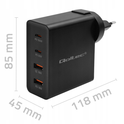 Qoltec Ładowarka GaN POWER PRO 2xUSB-C 2xUSB 130W 5-20V 1.5-5A PD Czarna
