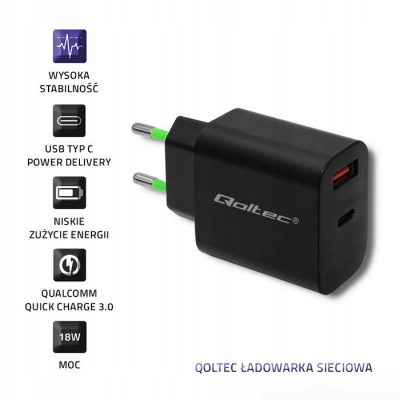 Qoltec Ładowarka sieciowa 18W 5-12V 1.5-3A USB typ C PD USB QC 3.0 Czarna