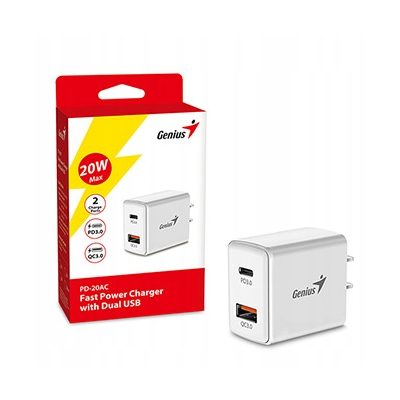 Genius Zasilacz / sieciowy adapter 20W, 2-portowy, USB-C, USB-A, PD-20AC
