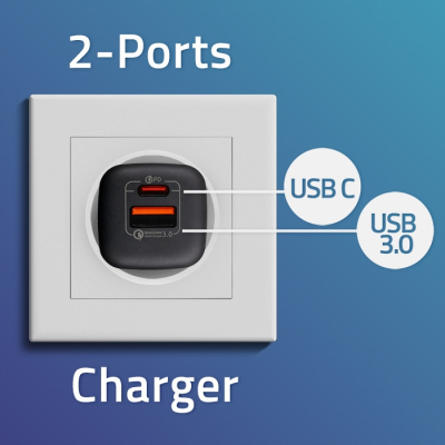 Qoltec Ładowarka 35W GaN ULTRA 5-20V 2.25-3A 1xUSB C PD 1xUSB 3.0 Czarny SKLEP KOZIENICE RADOM