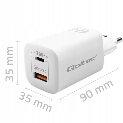 Qoltec Ładowarka 65W GaN ULTRA 5-20V 2.25-3.25A 1xUSB C PD 1xUSB 3.0
