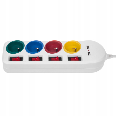 Listwa zasilająca Maclean, przedłużacz 4 gniazda + 2xUSB, z włącznikami, 250VAC/10A, 2.1A 5V, 1.5m, biała, MCE229 W