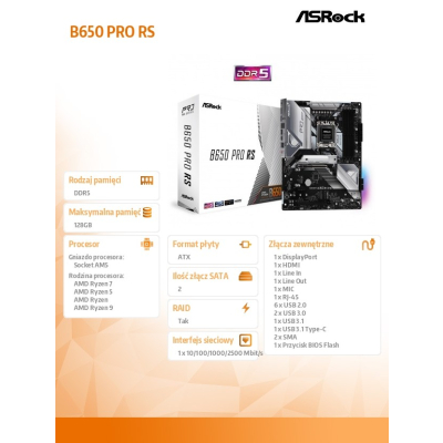 Płyta główna ASRock B650 PRO RS AM5 DDR5 ATX PCIe 4.0 M.2