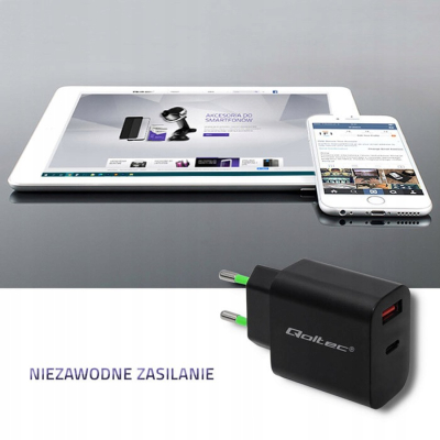 Qoltec Ładowarka sieciowa 18W 5-12V 1.5-3A USB typ C PD USB QC 3.0 Czarna