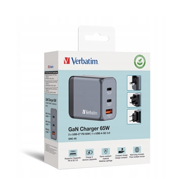 Verbatim, Ładowarka GaN USB 3.0, USB C, szara, 65 W, C,G,A, 32201