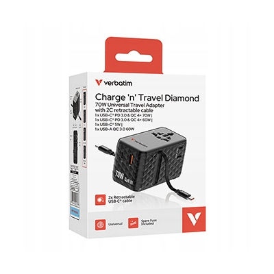 Verbatim Uniwersalny adapter podróżny GaN III Charge USB-C USB-A 70 W 30186