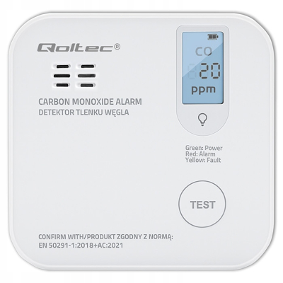 Czujnik czadu Qoltec detektor CO LCD alarm 85dB LED 85dB LED Certyfikowany SKLEP KOZIENICE RADOM