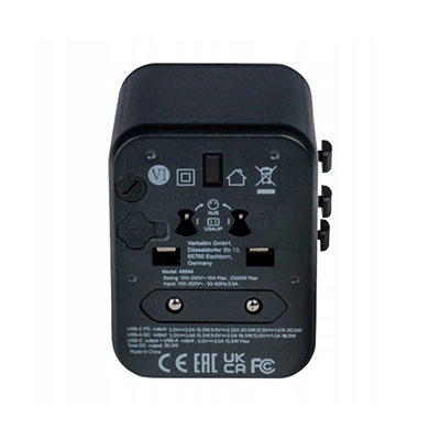 Verbatim, Adapter podróżny World-to-World UTA-02 USB-A, USB-C, czarny, 20 W