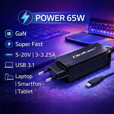 Qoltec Ładowarka sieciowa 65W GaN Super Fast 5-20V 3-3.25A USB 3.1 Laptop