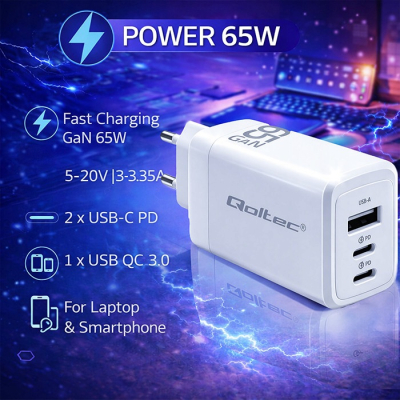 Qoltec Ładowarka sieciowa 65W GaN 5-20V 3-3.35A 2x USB-C PD 1 x USB QC 3.0