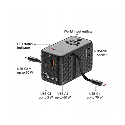 Verbatim, Adapter podróżny ChargeNTravel GaN III USB-C USB-A 70 W 30188