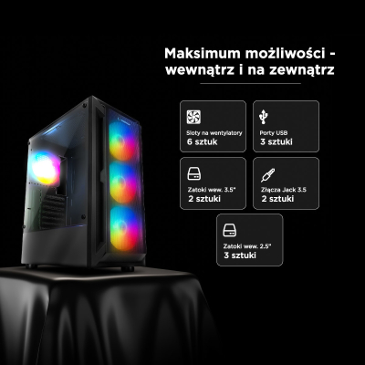 Rampage SHIVA Obudowa PC z oknem 4x wentylator 120mm Rainbow czarna