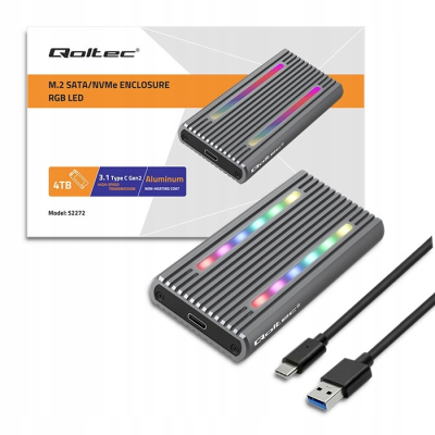 Qoltec Obudowa kieszeń na dysk M.2 SSD SATA NVMe RGB LED USB-C max 4TB