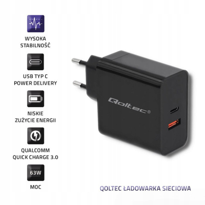 Qoltec Ładowarka sieciowa 63W 5-20V 1.5-3A USB typ C PD USB QC 3.0 Czarna