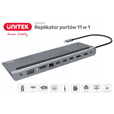 Unitek D1022A Replikator USB-C 11w1 HDMI DP VGA