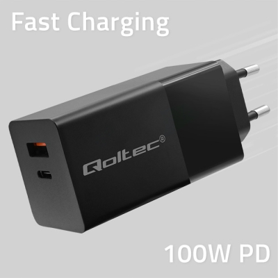 Qoltec Ładowarka GaN POWER PRO 1xUSB-C 1xUSB 100W 5-20V 1.5-5A PD Czarna