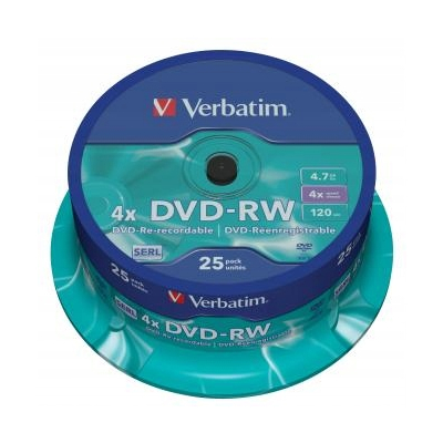 Verbatim DVD-RW 4.7GB, 4x, spindle, 25-pack, bez możliwości nadruku, 12cm