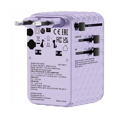 Verbatim Adapter podróżny ChargeNTravel USB-C USB-A fioletowy 100 W 30193