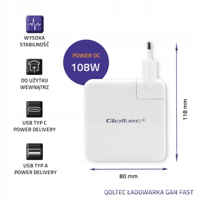 Qoltec Ładowarka GaN FAST 108W 5-20V 3-4.7A USB C Biała 51710