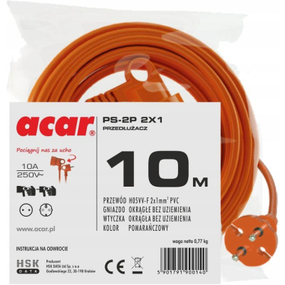 PRZEDŁUŻACZ OGRODOWY ACAR 2x1 250V/10A 10M pomarańczowy M01805