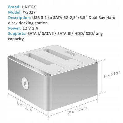 Unitek Y-3027 stacja dokująca USB 3.1 2xHDD/SSD