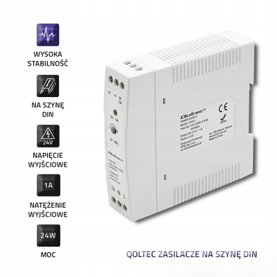 Qoltec Zasilacz na szynę DIN 24W 24V 1A Biały Slim