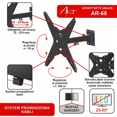 UCHWYT DO TV 23-55 30KG AR-68 ART reg. pion/poziom