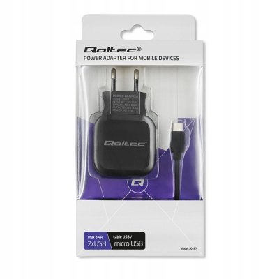 Qoltec Ładowarka sieciowa 17W 5V 3.4A 2xUSB + kabel MicroUSB 50187