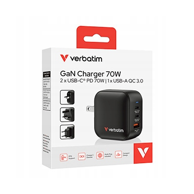 Verbatim Ładowarka GaN USB 3.0 USB C szara 70W, wymienne końcówki C,G,A