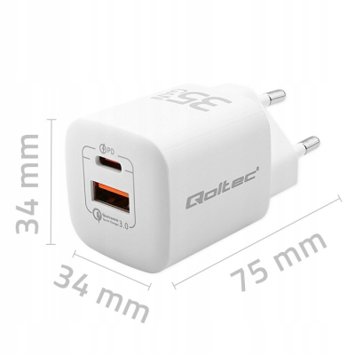 Qoltec Ładowarka 35W GaN ULTRA 5-20V 2.25-3A 1xUSB C PD 1xUSB 3.0