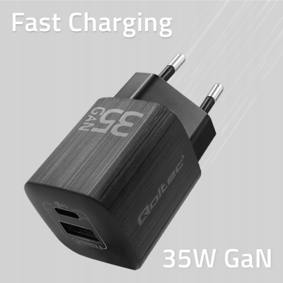 Qoltec Ładowarka 35W GaN ULTRA 5-20V 2.25-3A 1xUSB C PD 1xUSB 3.0 Czarny SKLEP KOZIENICE RADOM