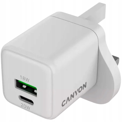 CANYON Ładowarka sieciowa CU20AC GaN 20W 1xPD 1xQC UK Biała