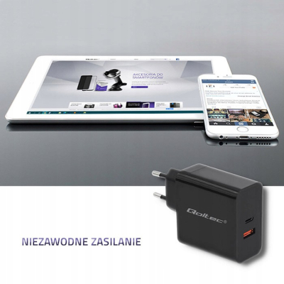 Qoltec Ładowarka sieciowa 63W 5-20V 1.5-3A USB typ C PD USB QC 3.0 Czarna