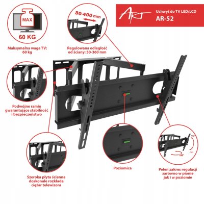 UCHWYT DO TV 30-70 60KG AR-52 ART reg. pion/poziom