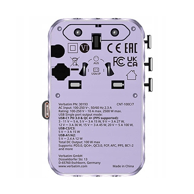 Verbatim Adapter podróżny ChargeNTravel USB-C USB-A fioletowy 100 W 30193