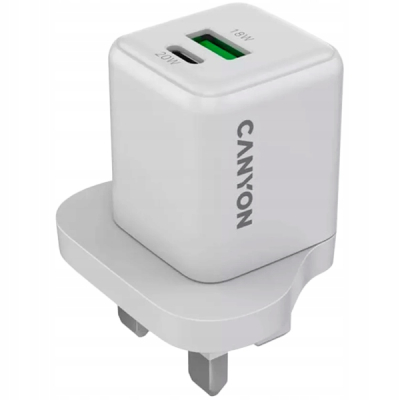 CANYON Ładowarka sieciowa CU20AC GaN 20W 1xPD 1xQC UK Biała