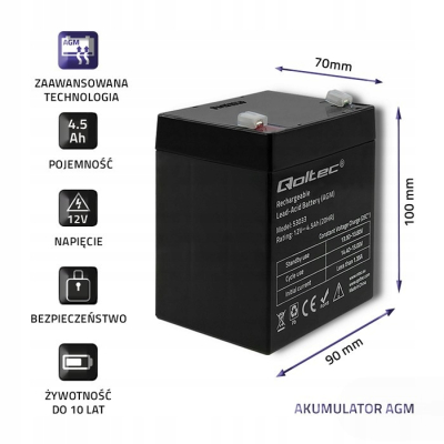 QOLTEC Akumulator AGM 12V 4.5Ah max.1.35A