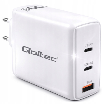 Qoltec Ładowarka sieciowa 100W GaN 5-20V 1.5-5A 2x USB-C PD 1x USB QC 3.0