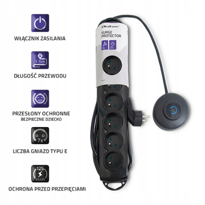 Qoltec Listwa antyprzepięciowa wł. QS 7 gniazd 1.5m Czarna
