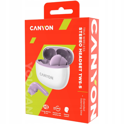 CANYON Słuchawki dokanałowe TWS 5 Etui Fioletowe