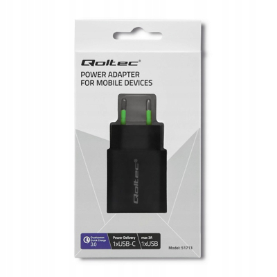 Qoltec Ładowarka sieciowa 18W 5-12V 1.5-3A USB typ C PD USB QC 3.0 Czarna
